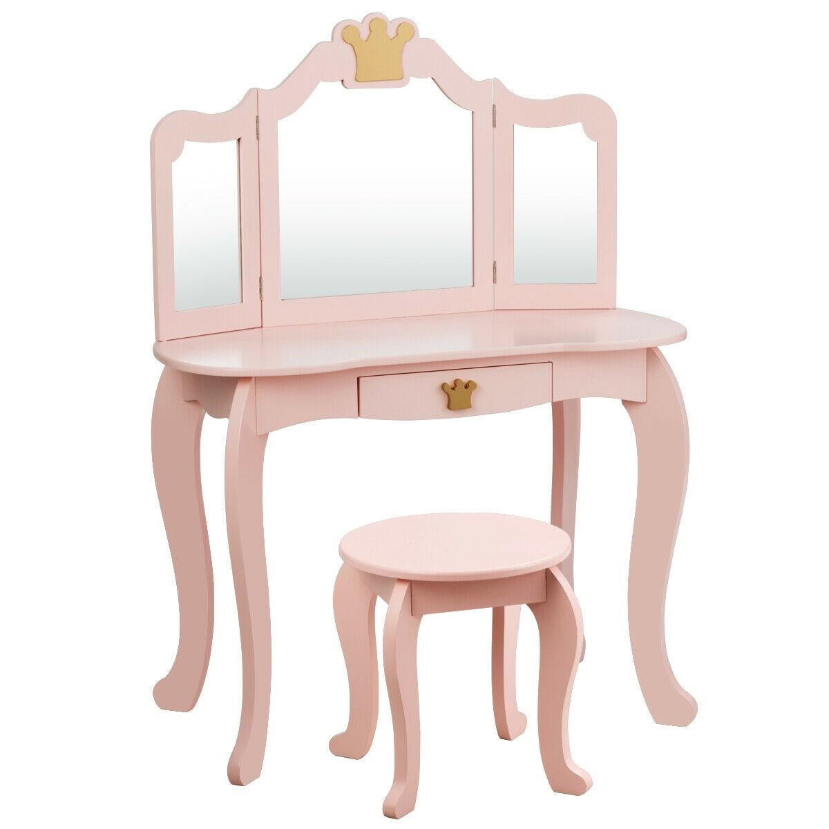 Kids Makeup Vanity Table with Tri-Fold Mirror and Stool