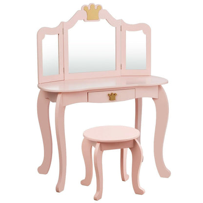 Kids Makeup Vanity Table with Tri-Fold Mirror and Stool