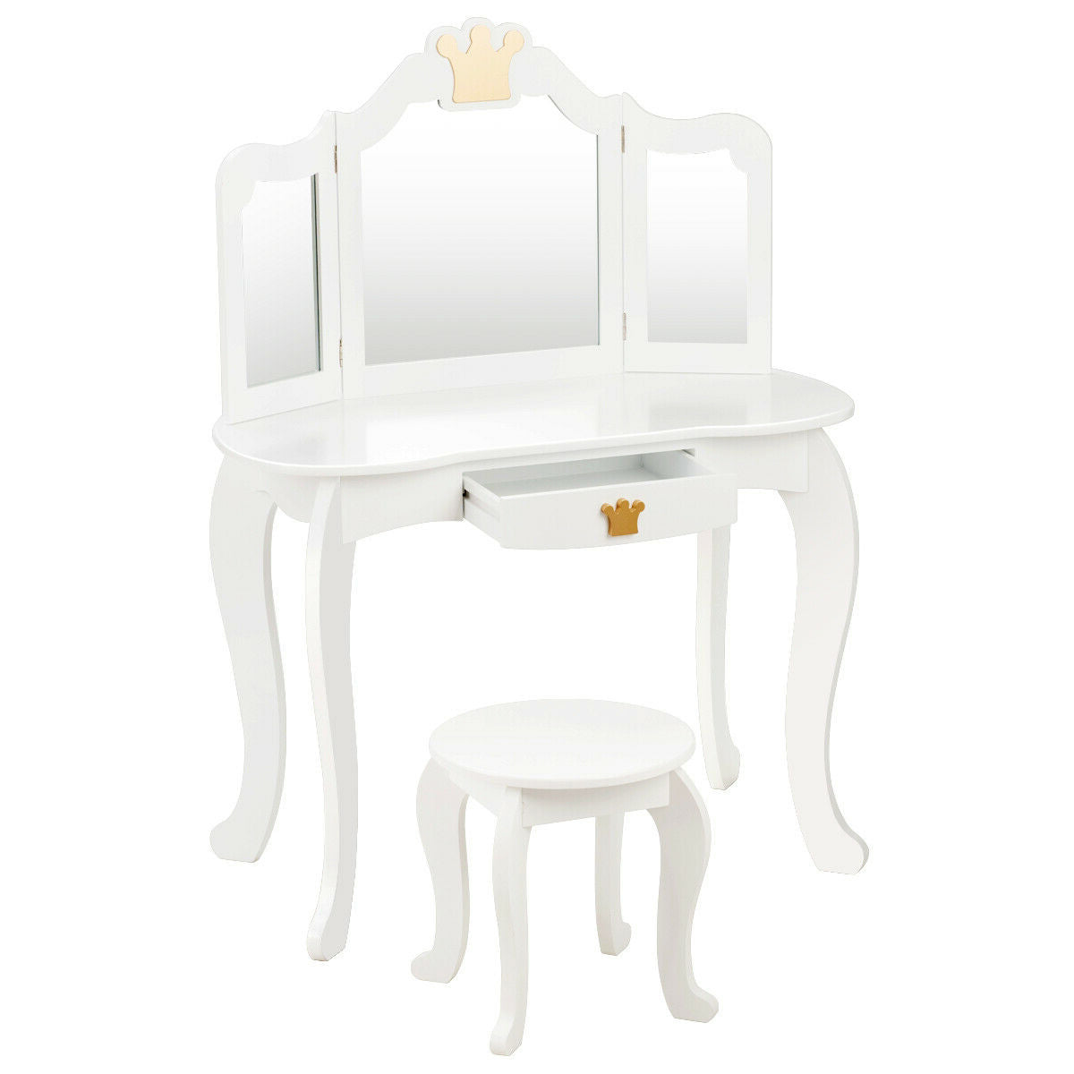 Kids Makeup Vanity Table with Tri-Fold Mirror and Stool