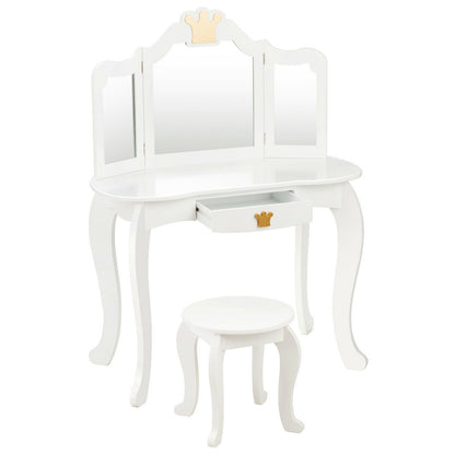Kids Makeup Vanity Table with Tri-Fold Mirror and Stool
