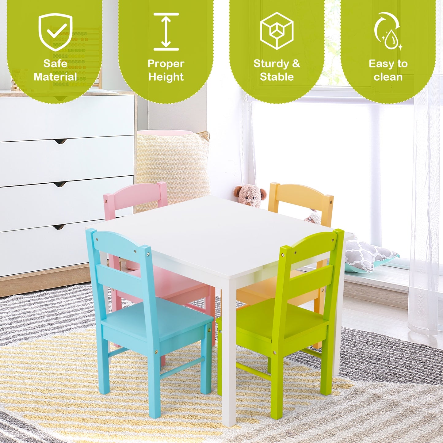 Kids Table and Chair Set - 5 Piece Pine Wood