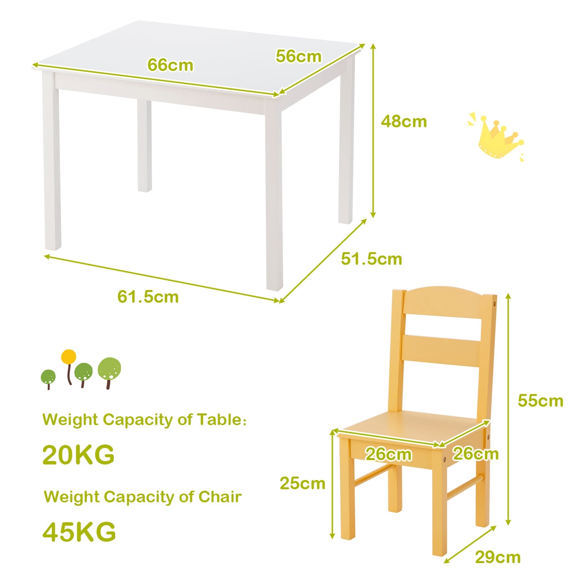 Kids Table and Chair Set - 5 Piece Pine Wood