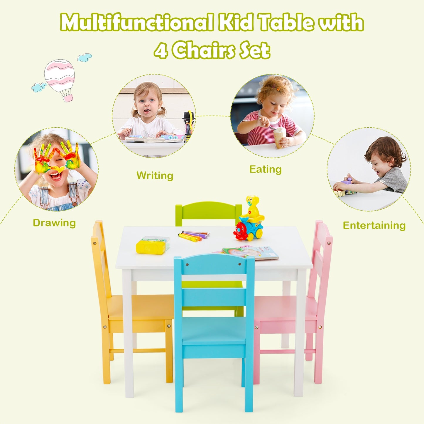 Kids Table and Chair Set - 5 Piece Pine Wood