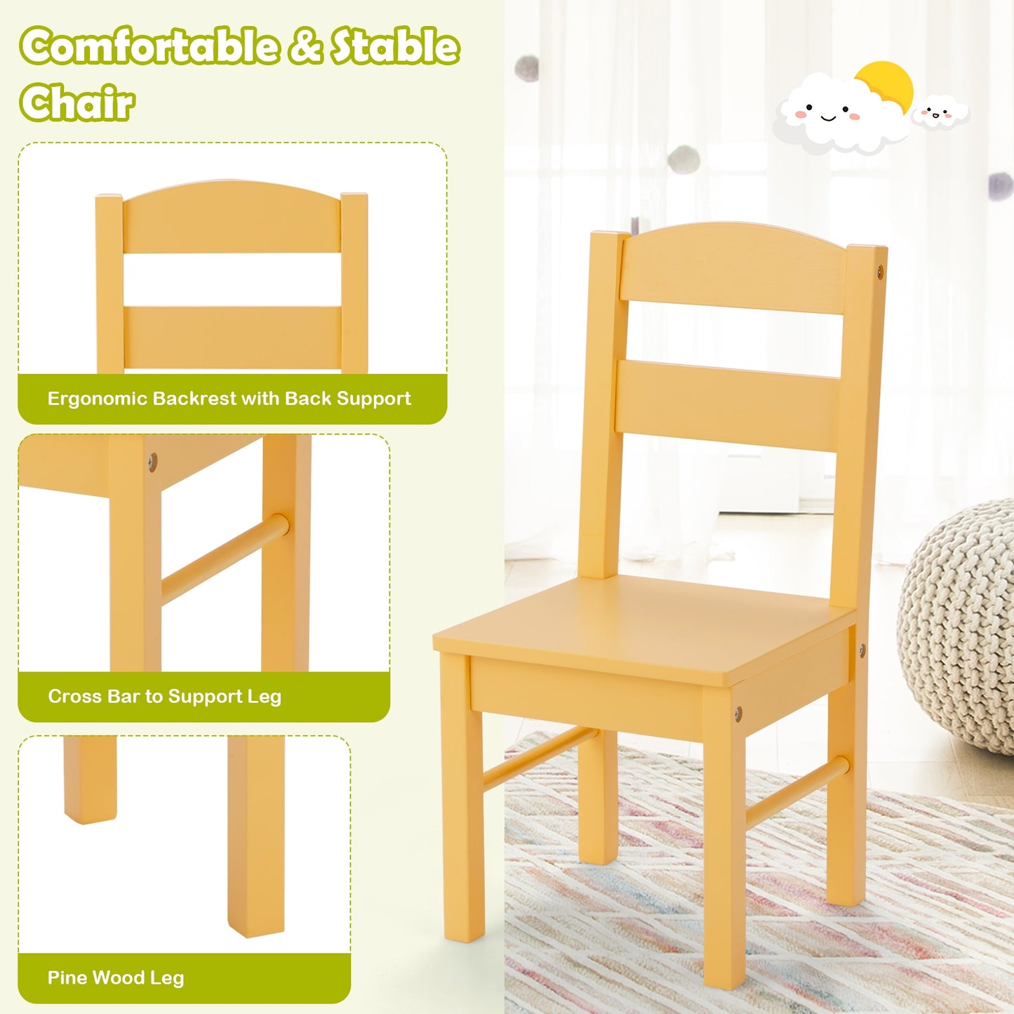 Kids Table and Chair Set - 5 Piece Pine Wood
