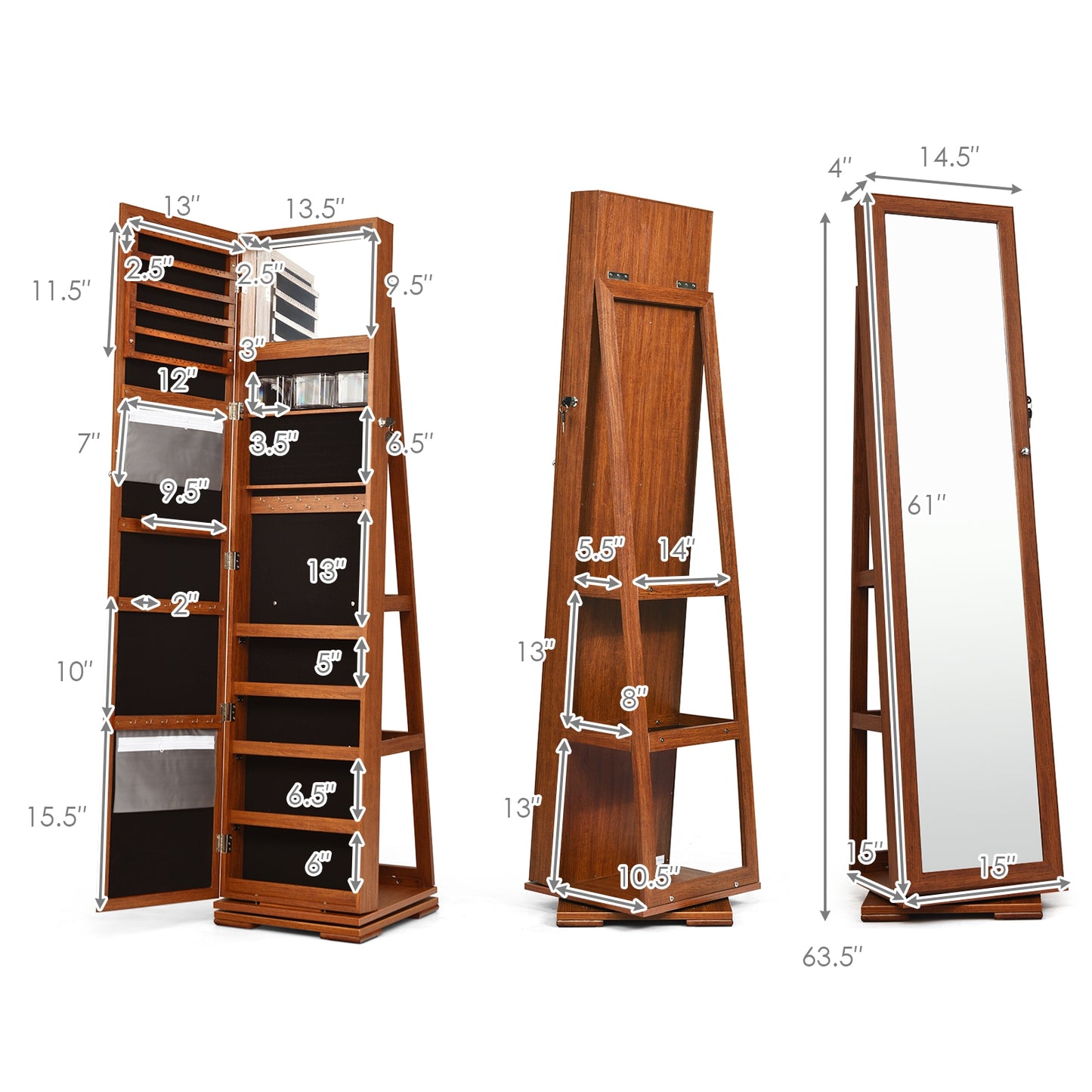 Jewelry Armoire with Full-Length Mirror and 360° Rotation