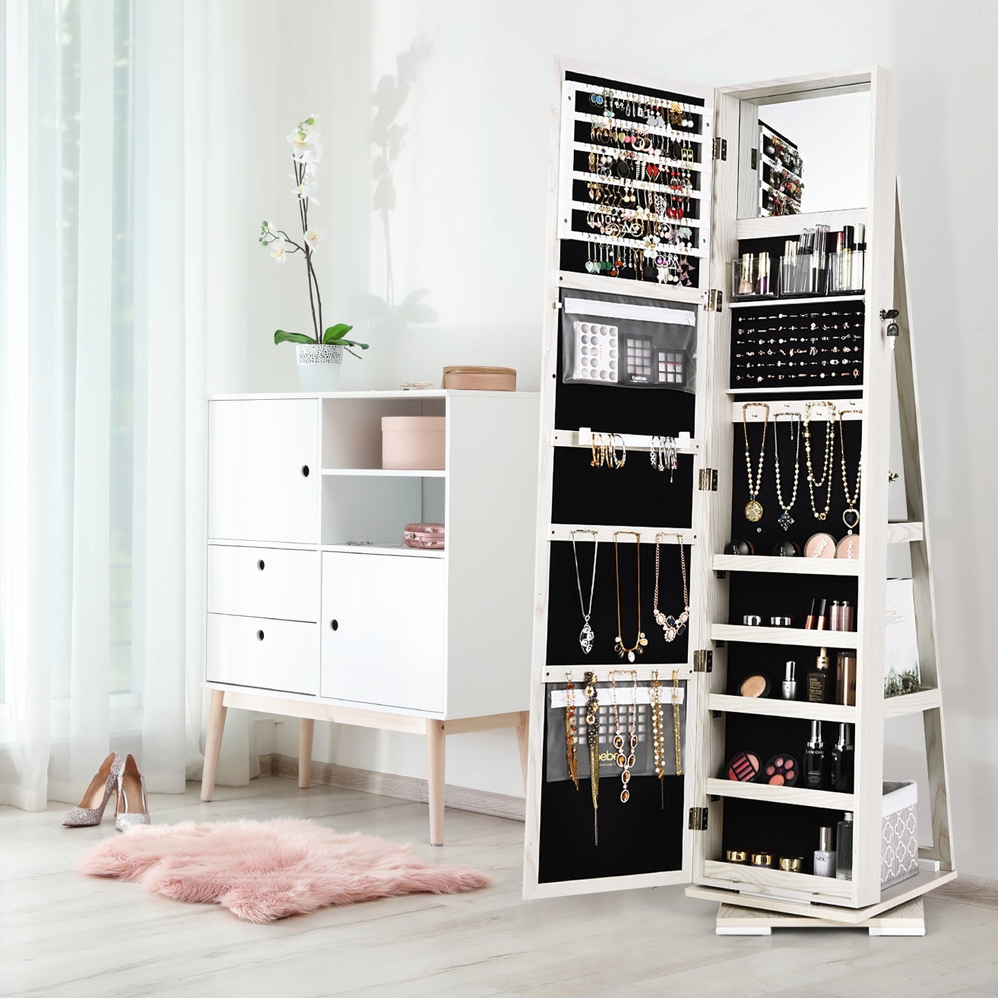 Jewelry Armoire with Full-Length Mirror and 360° Rotation