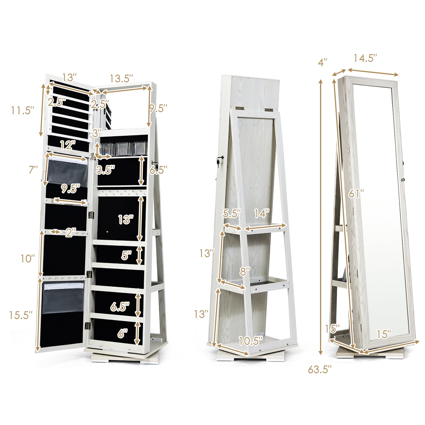 Jewelry Armoire with Full-Length Mirror and 360° Rotation