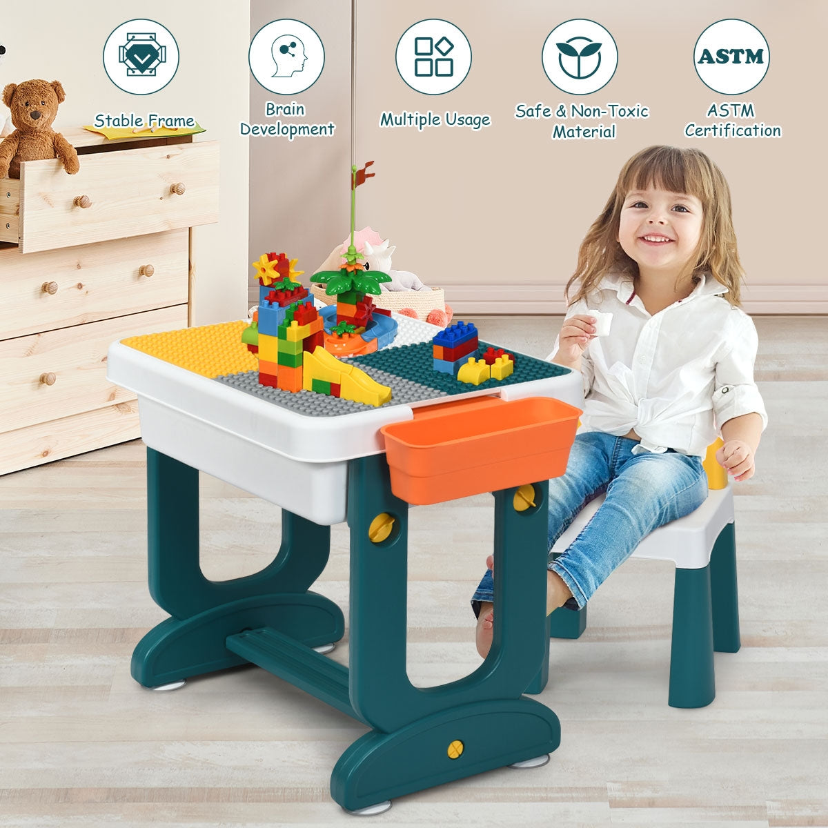 Kids Activity Table Set with Storage and Chair - 5-in-1