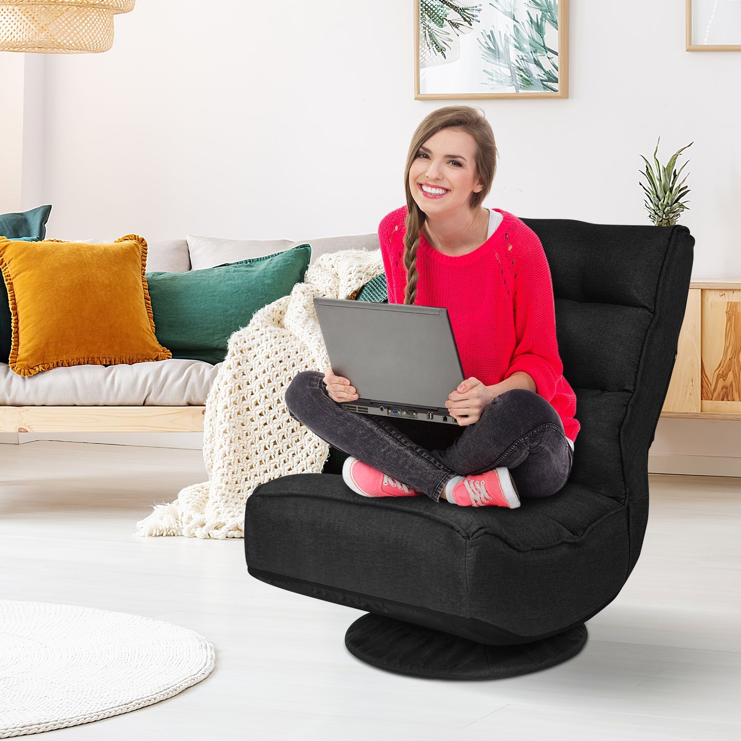 Folding Floor Gaming Chair with 360° Swivel Base