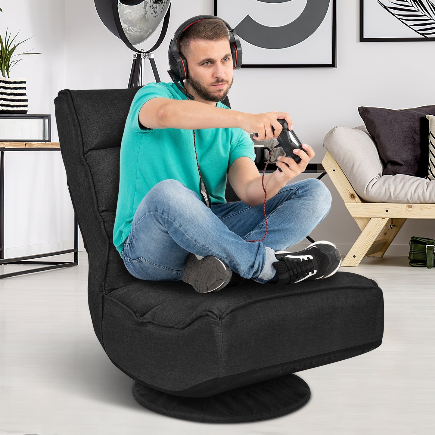 Folding Floor Gaming Chair with 360° Swivel Base