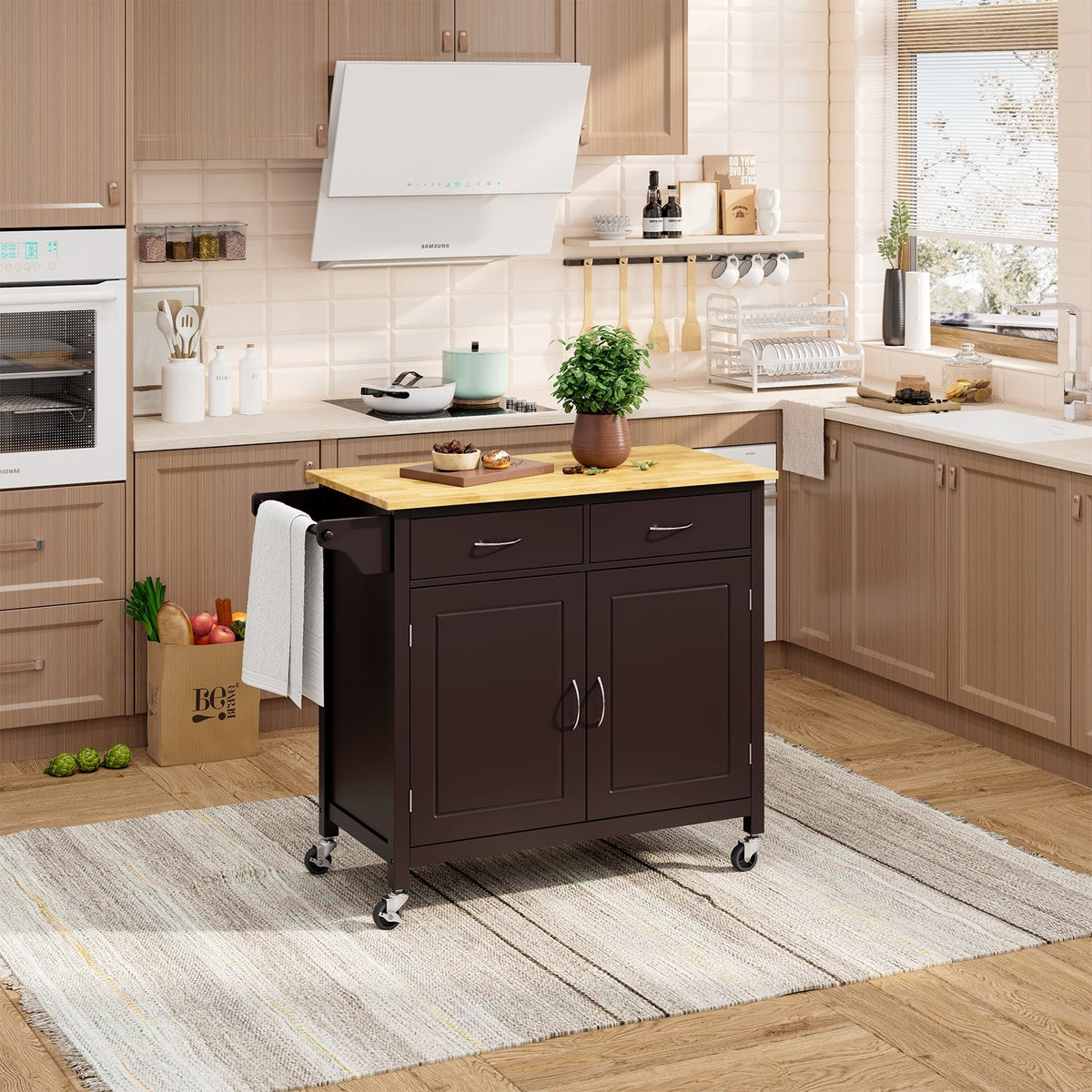 Modern Rolling Kitchen Cart Island with Wooden Top