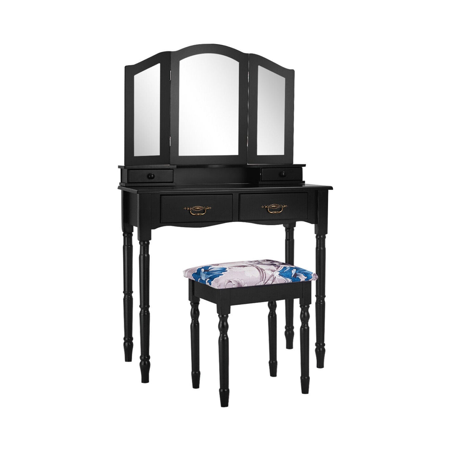 Vanity Set with Tri-Fold Mirror, 4 Drawers & Cushioned Stool