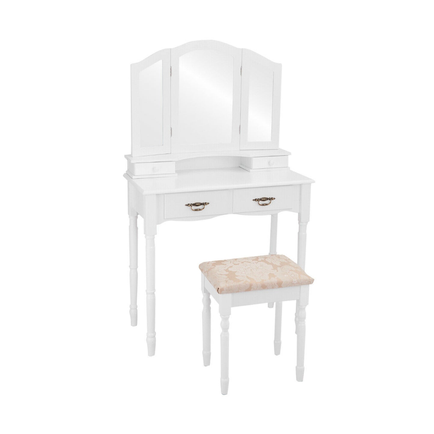 Vanity Set with Tri-Fold Mirror, 4 Drawers & Cushioned Stool