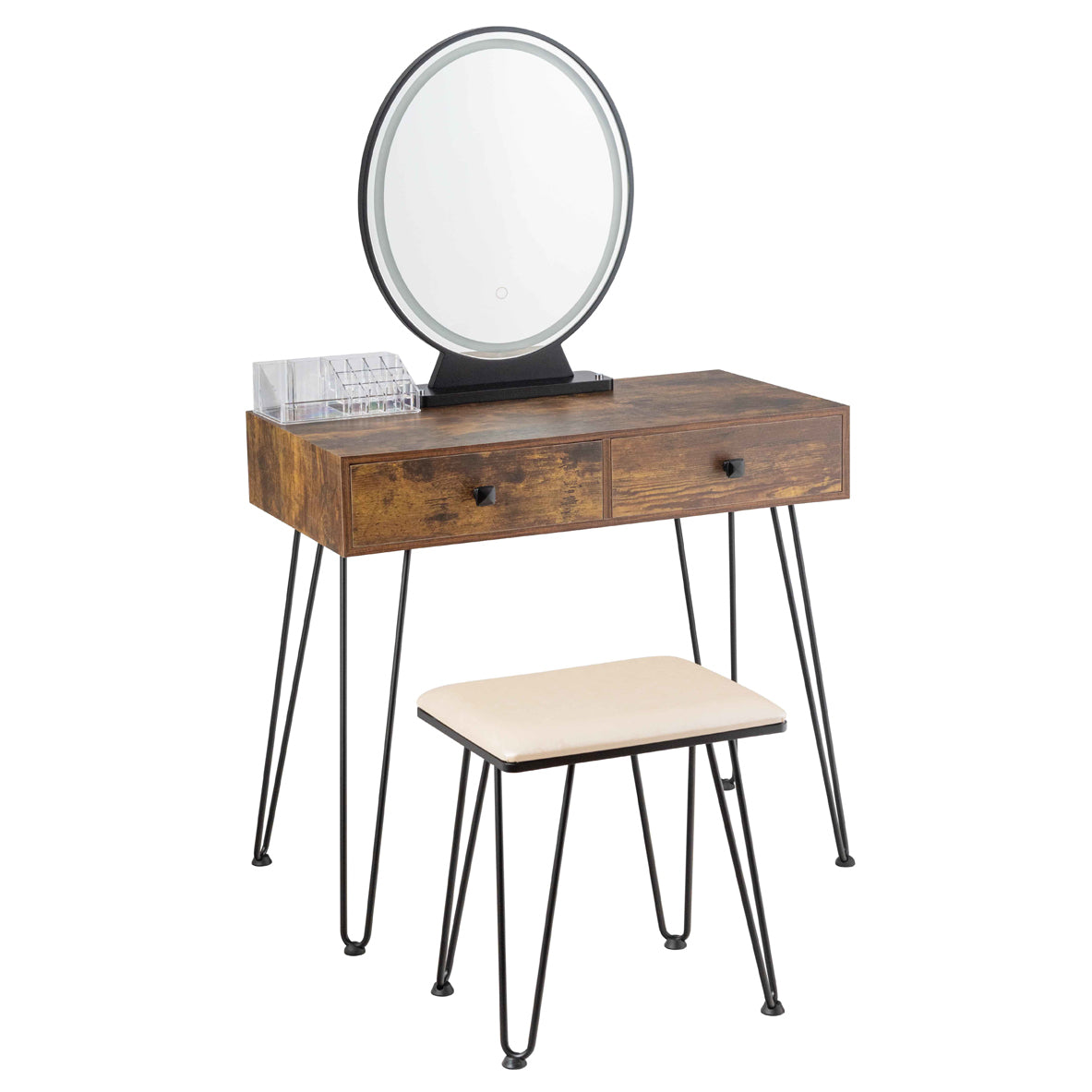Industrial Makeup Vanity Table with LED Mirror & Stool