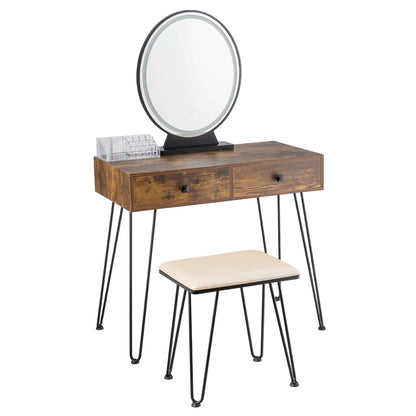 Industrial Makeup Vanity Table with LED Mirror & Stool