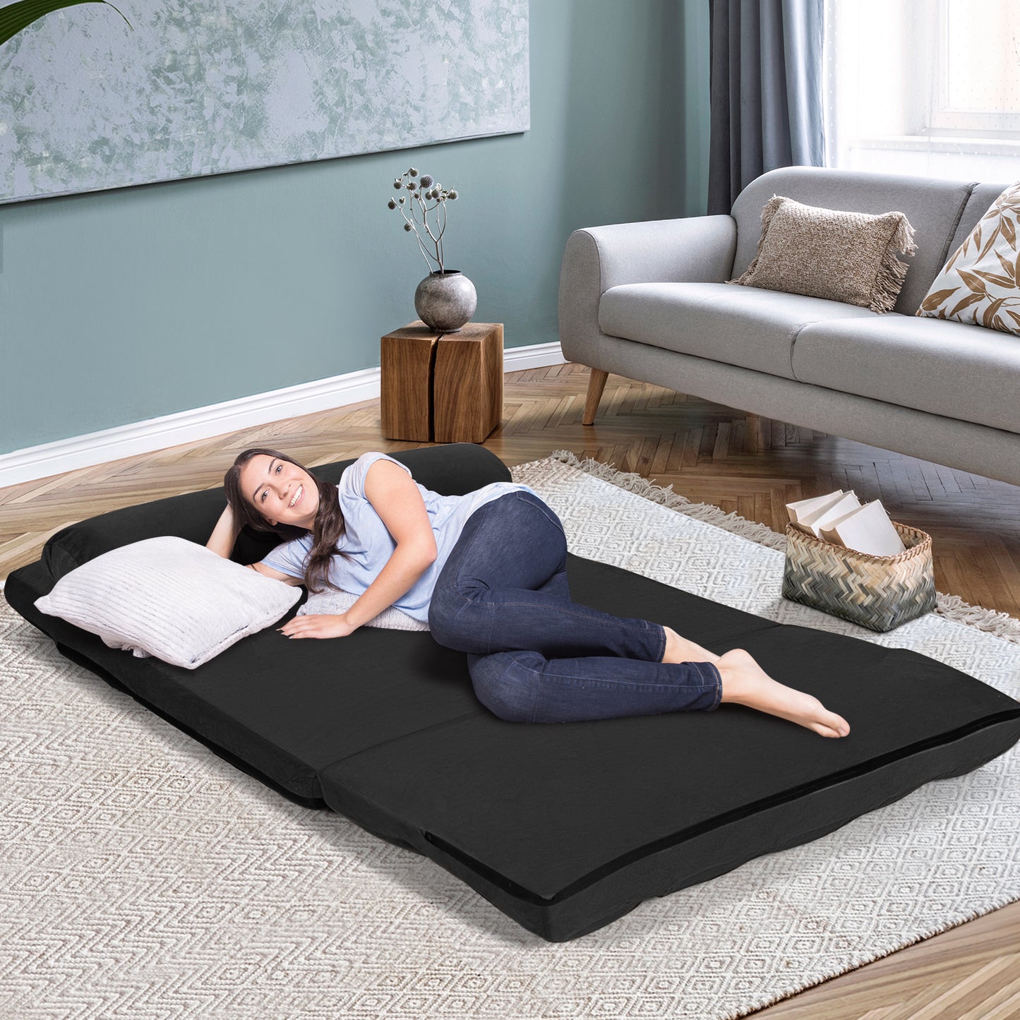6-Position Foldable Floor Sofa Bed with Removable Cover