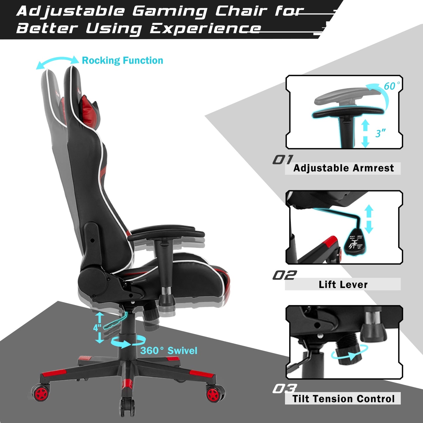 Reclining Gaming Chair with Massage Lumbar Support