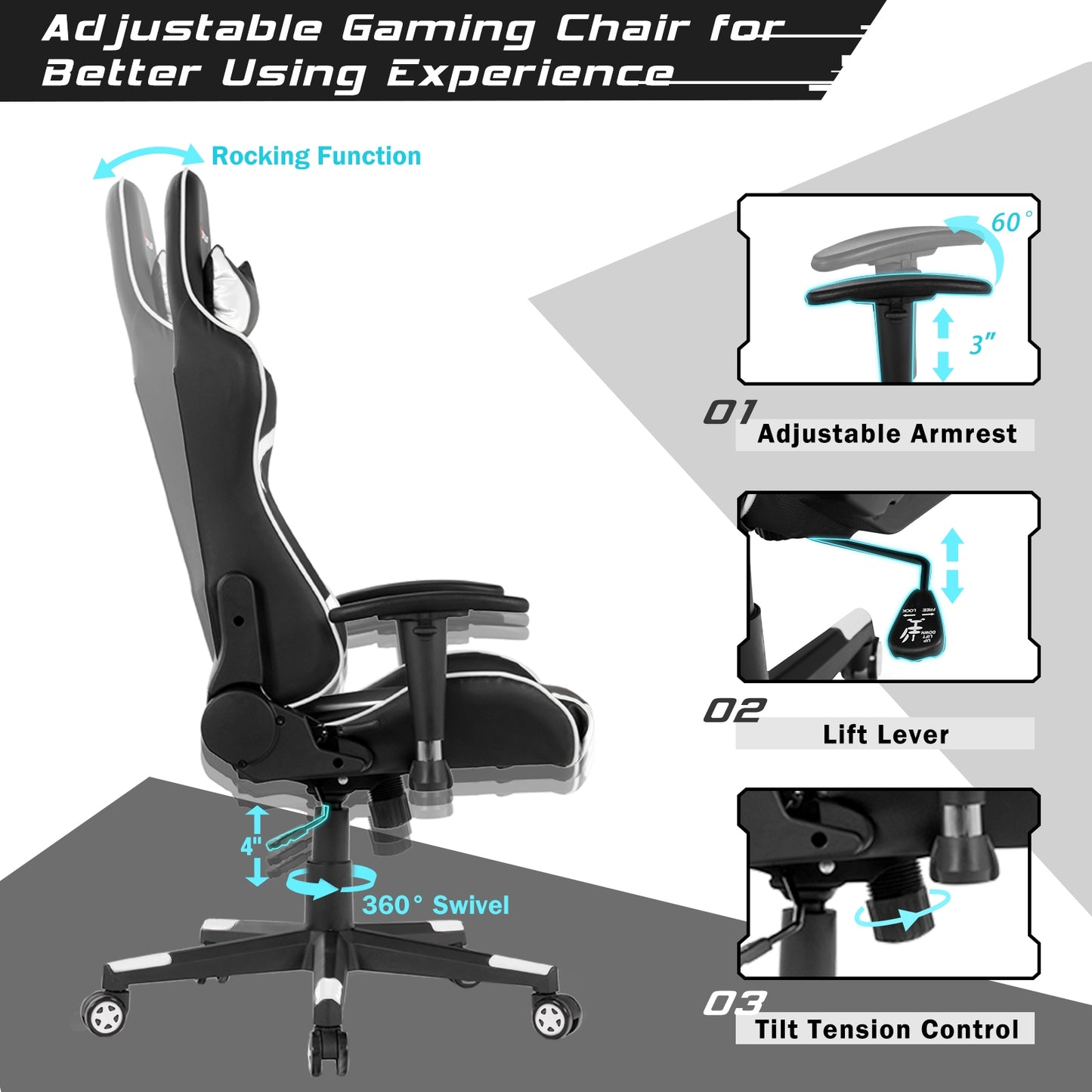 Reclining Gaming Chair with Massage Lumbar Support