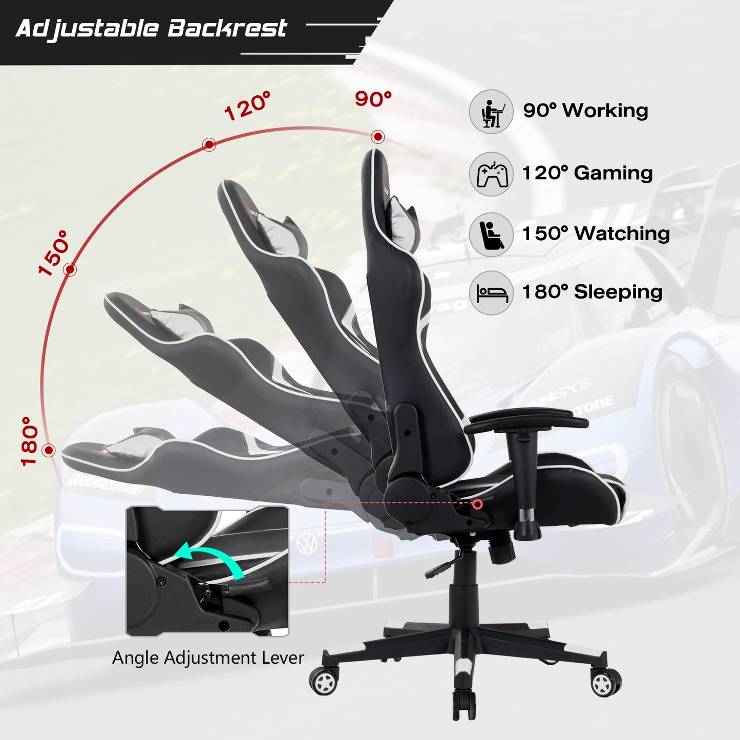 Reclining Gaming Chair with Massage Lumbar Support