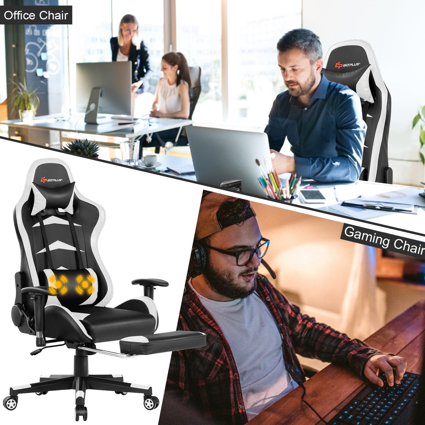 Gaming Chair with Massage Lumbar & Retractable Footrest