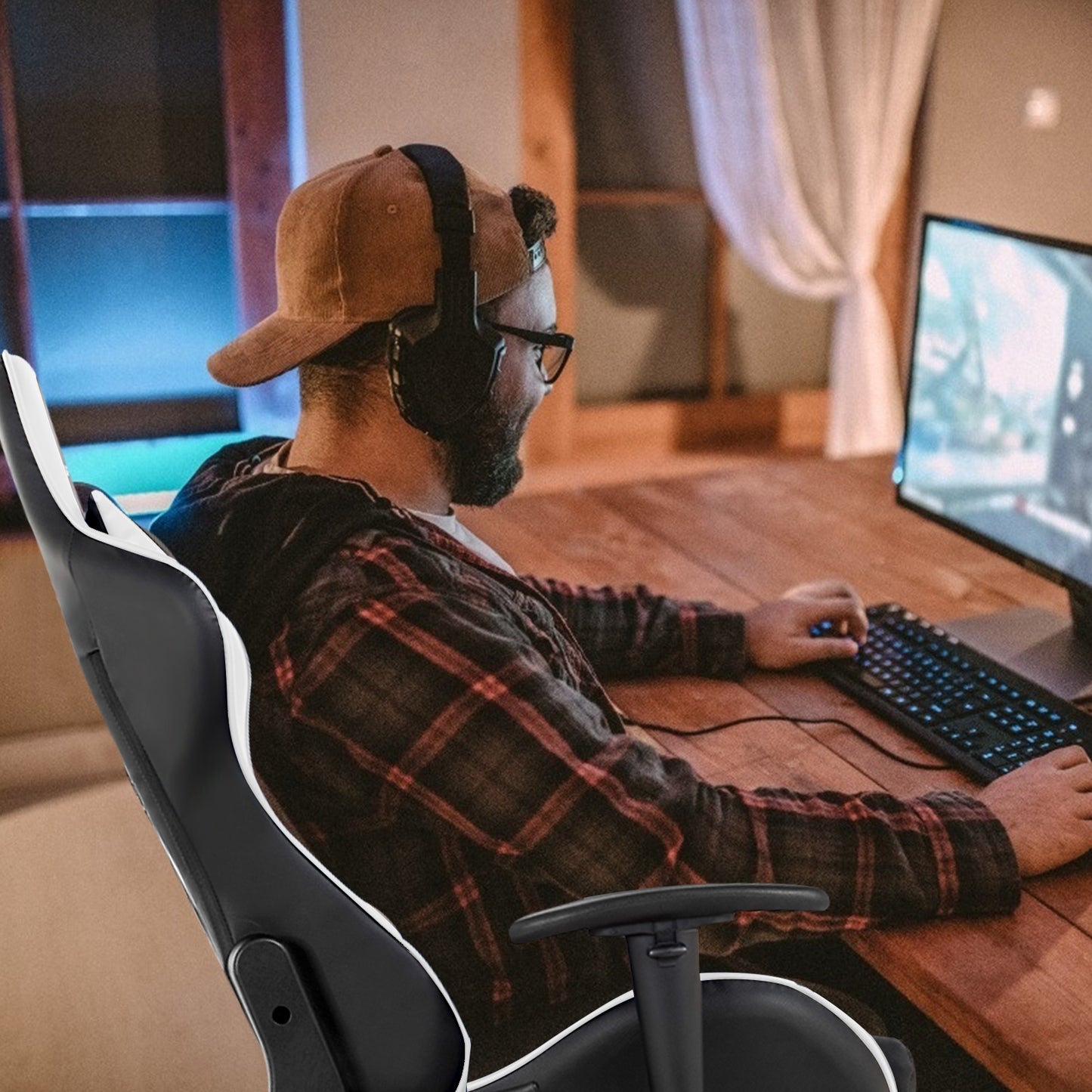 Gaming Chair with Massage Lumbar & Retractable Footrest