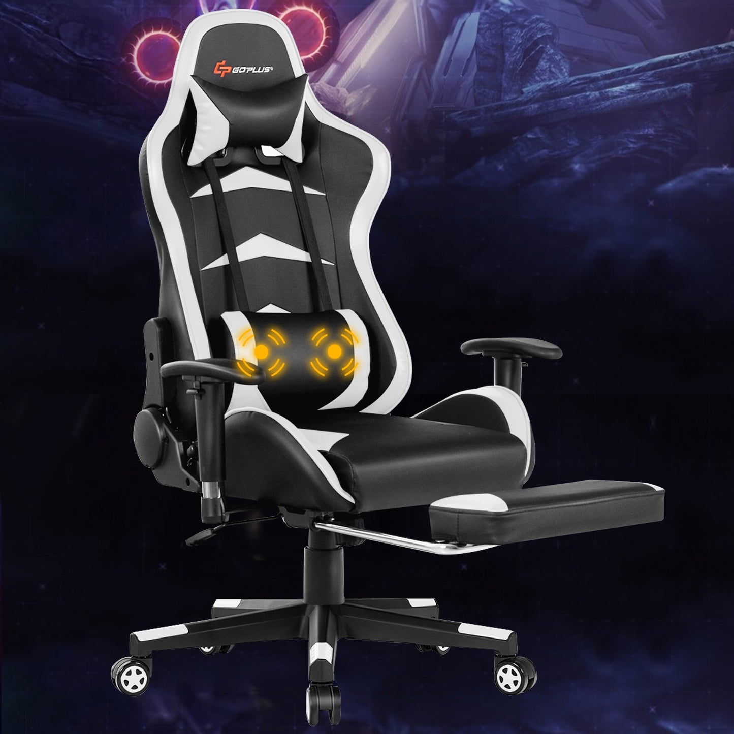 Gaming Chair with Massage Lumbar & Retractable Footrest