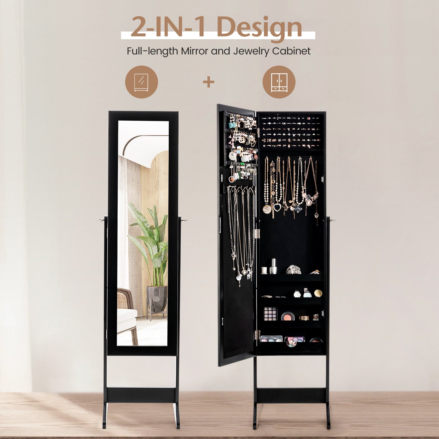 Standing Jewelry Cabinet with Mirror 56" Tall Storage Armoire