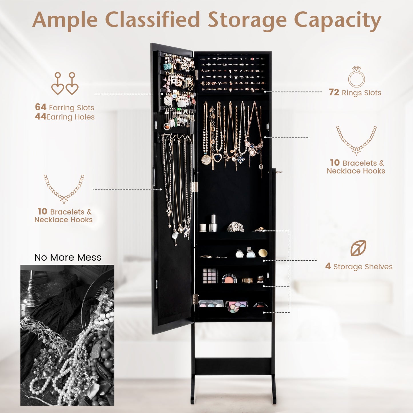 Standing Jewelry Cabinet with Mirror 56" Tall Storage Armoire