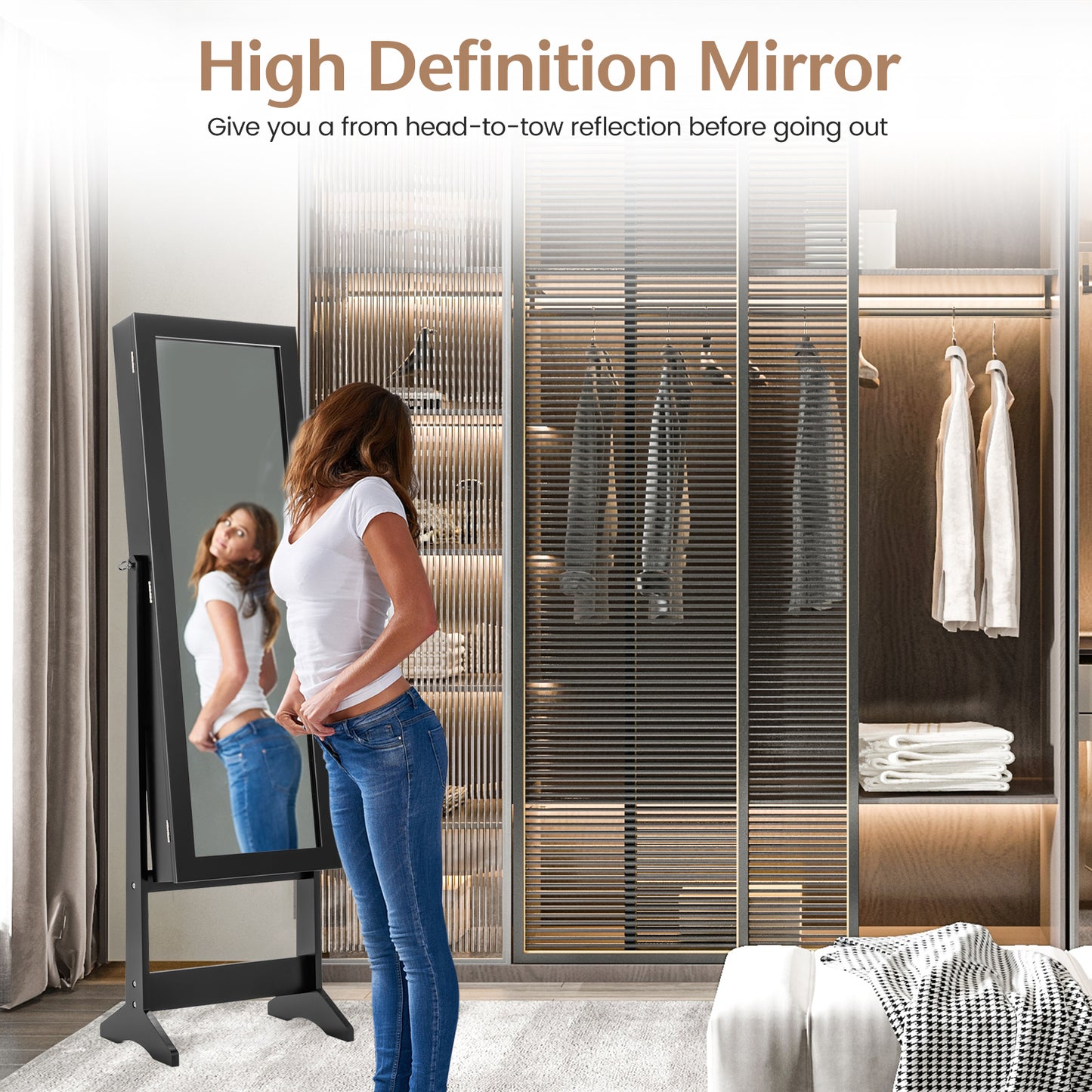 Standing Jewelry Cabinet with Mirror 56" Tall Storage Armoire