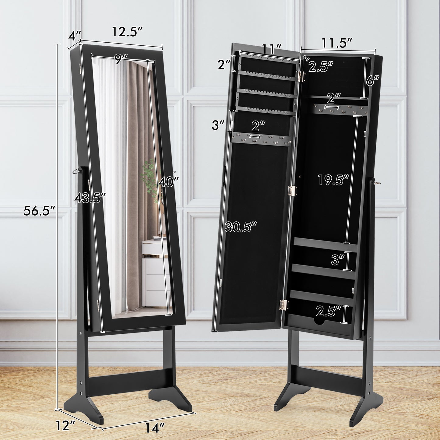 Standing Jewelry Cabinet with Mirror 56" Tall Storage Armoire