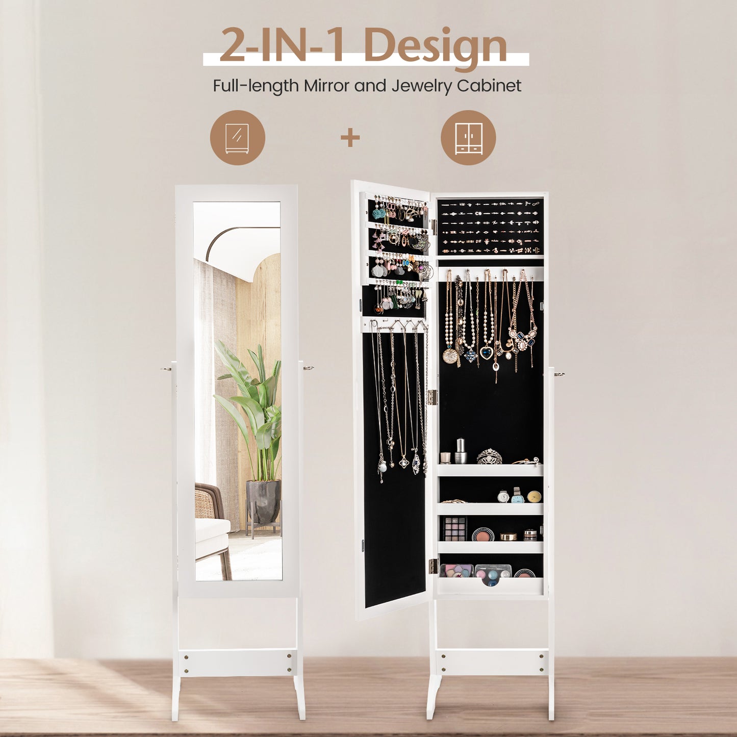 Standing Jewelry Cabinet with Mirror 56" Tall Storage Armoire