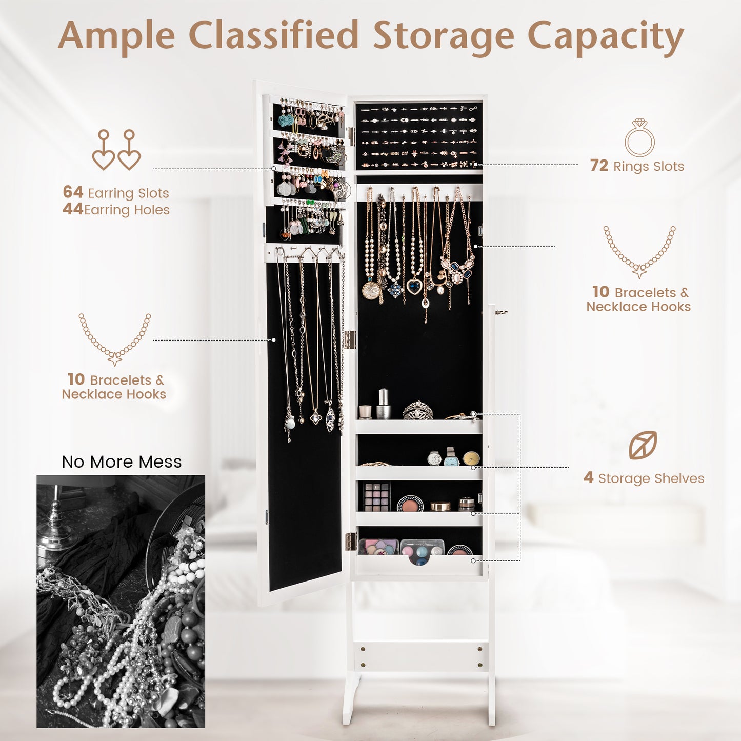 Standing Jewelry Cabinet with Mirror 56" Tall Storage Armoire