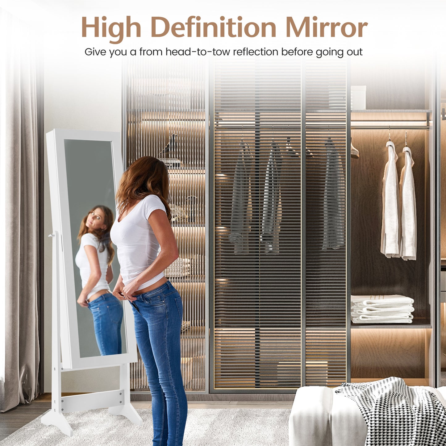 Standing Jewelry Cabinet with Mirror 56" Tall Storage Armoire
