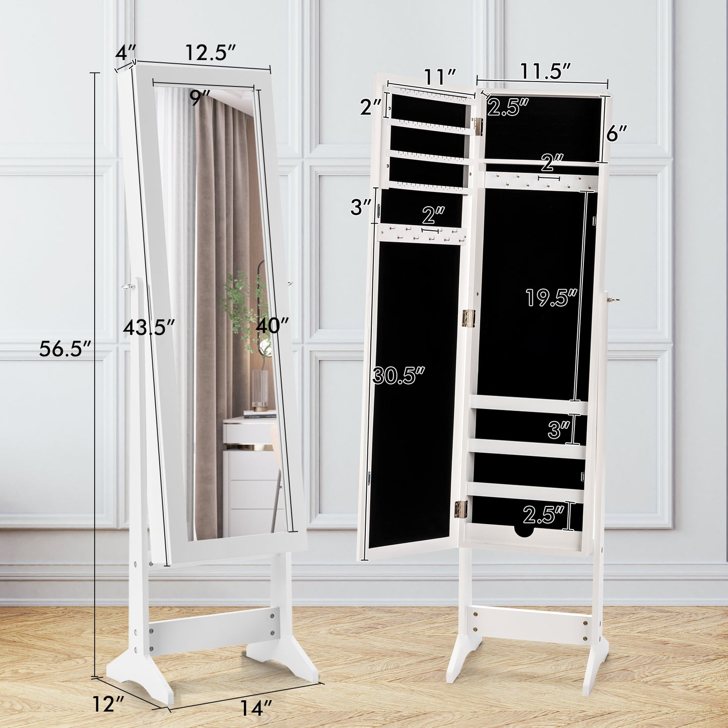 Standing Jewelry Cabinet with Mirror 56" Tall Storage Armoire