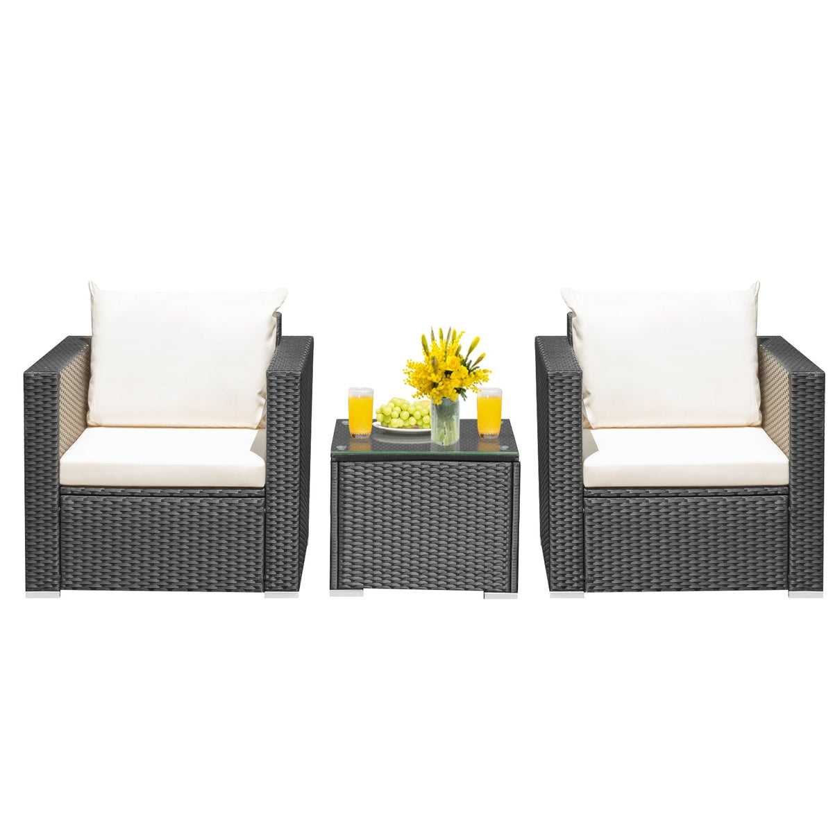 3 Pieces Patio Wicker Conversation Set with Cushion