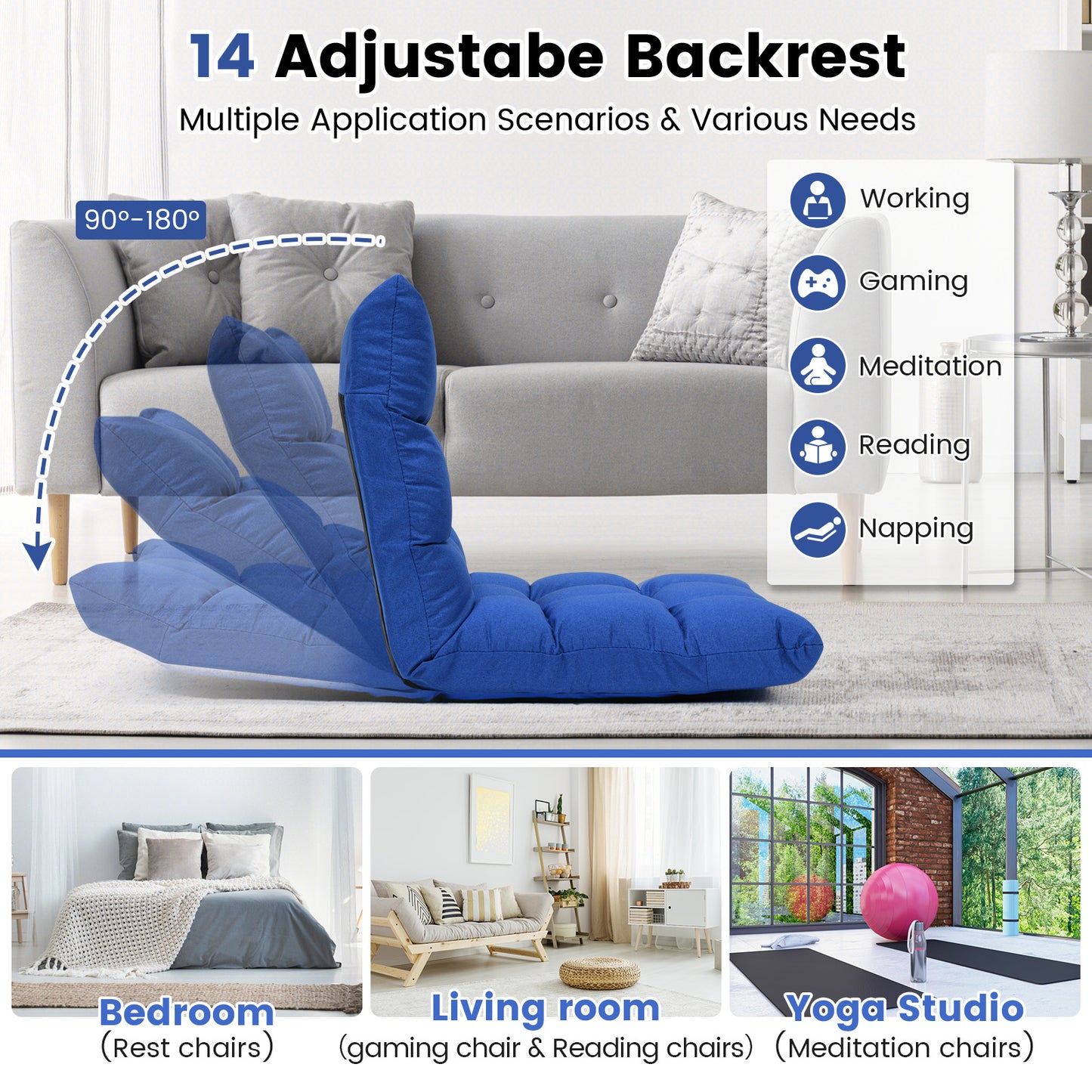 14-Position Adjustable Floor Chair for Gaming and Lounging