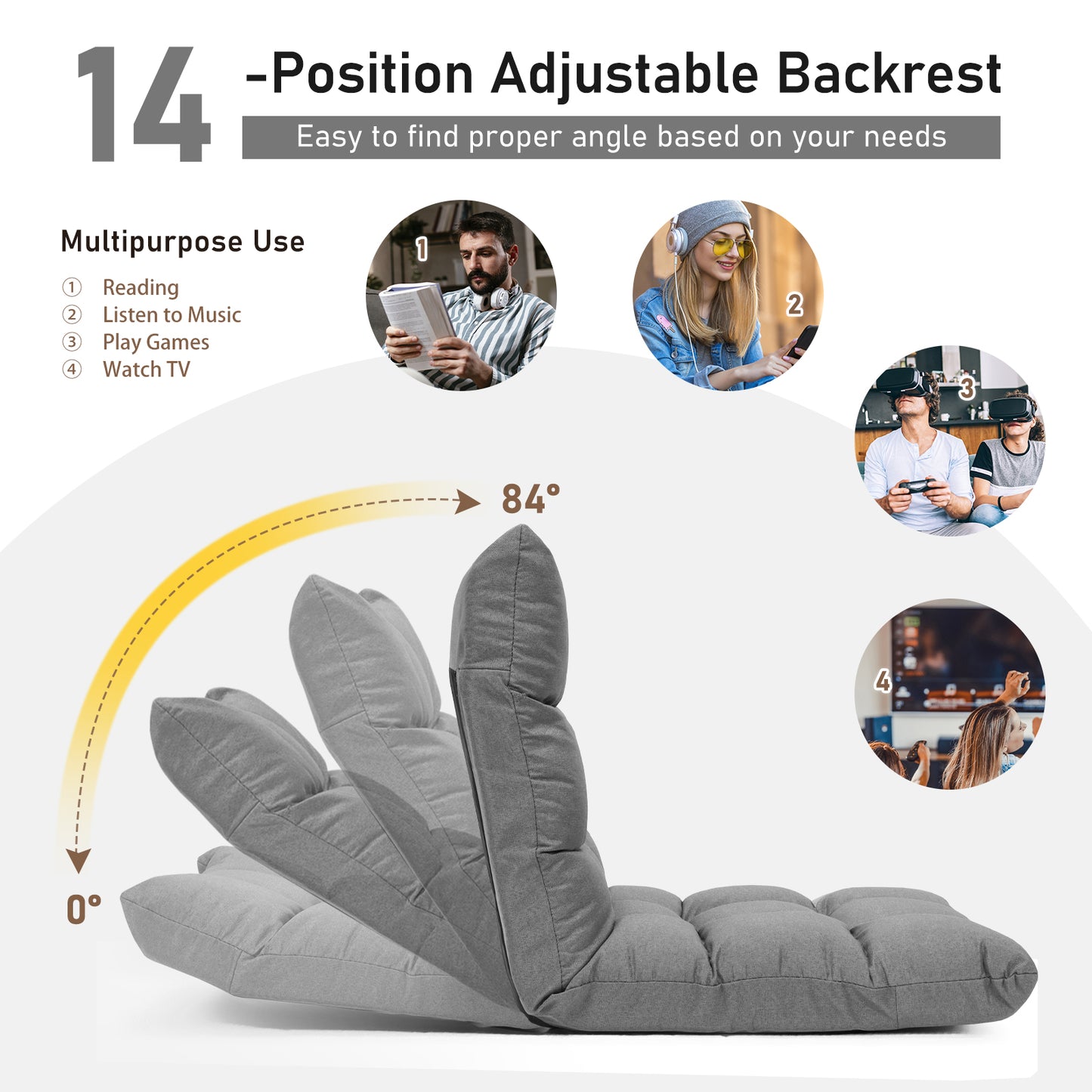 14-Position Adjustable Floor Chair for Gaming and Lounging