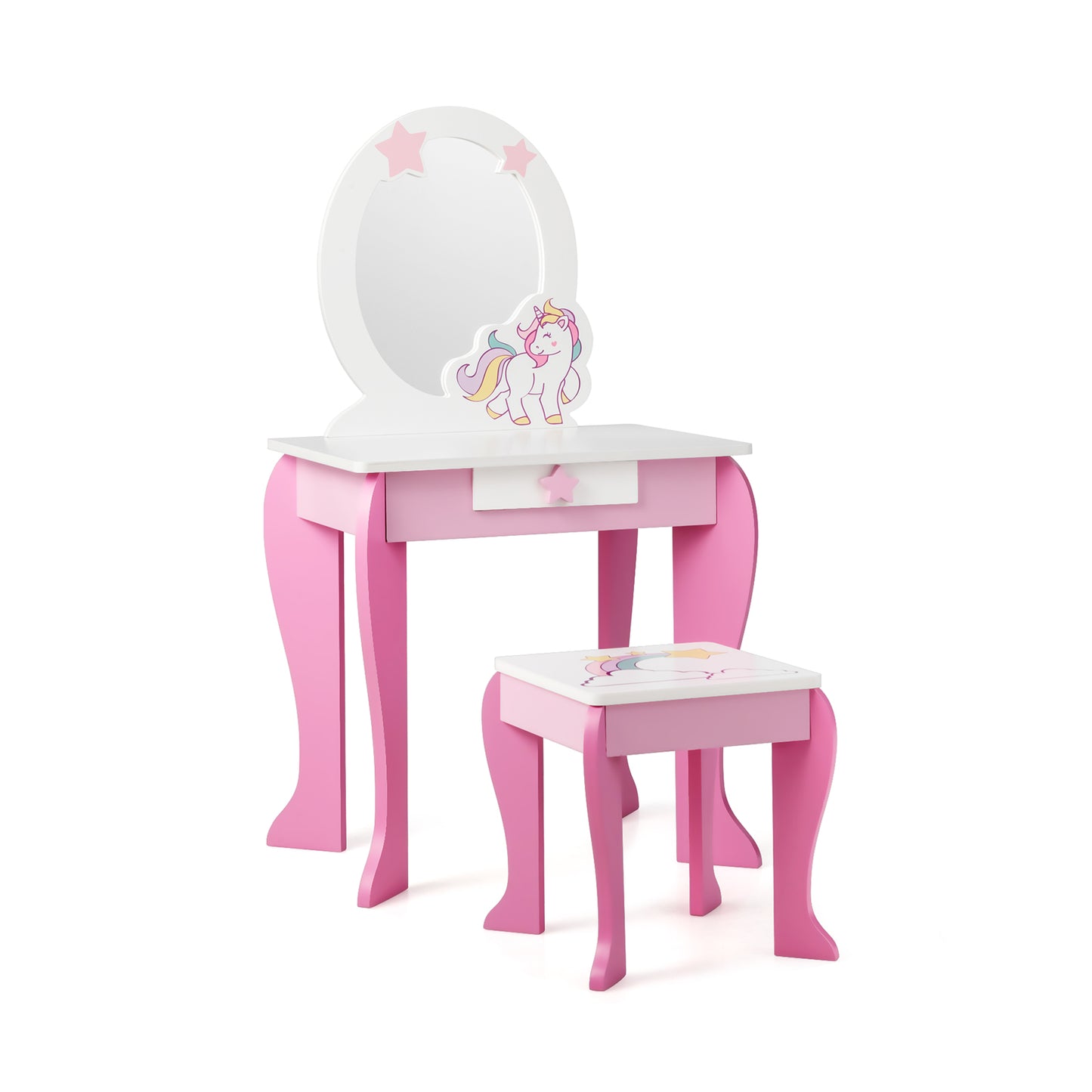Kids Wooden Vanity Table and Chair Set with Mirror and Drawer