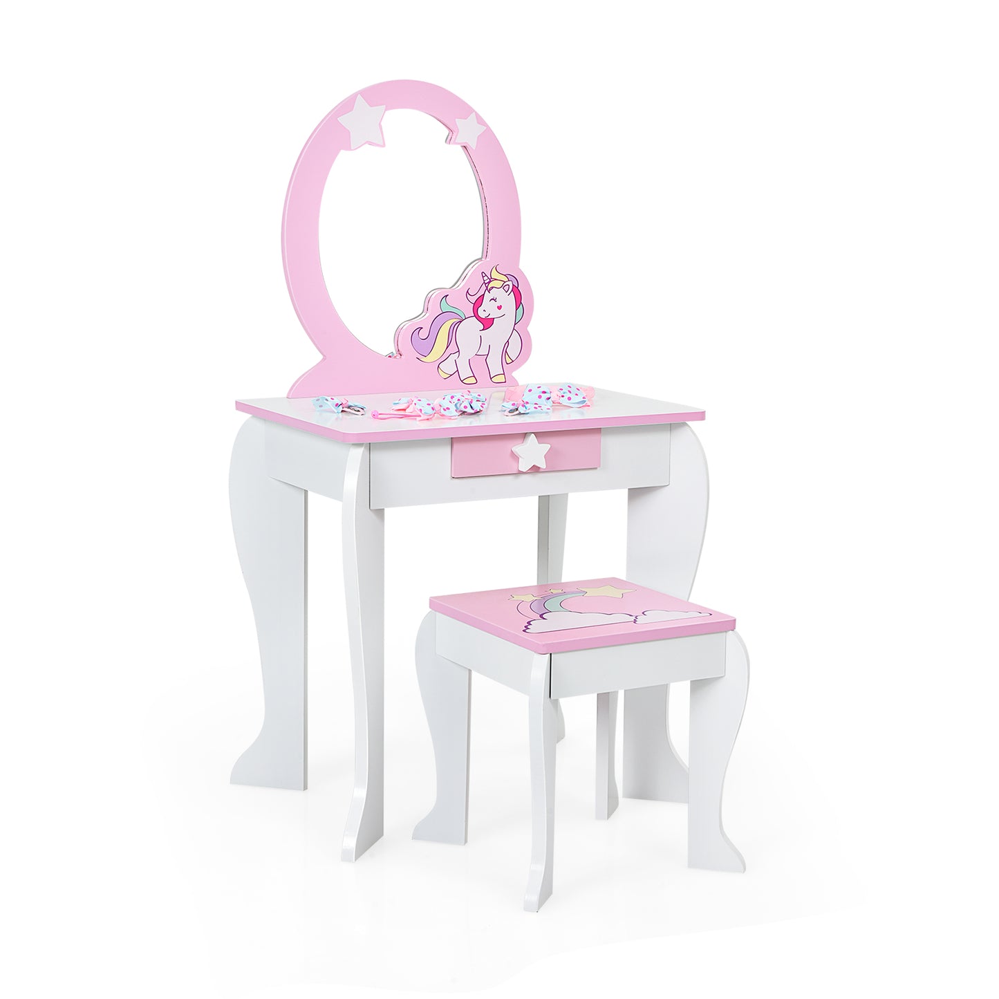 Kids Wooden Vanity Table and Chair Set with Mirror and Drawer