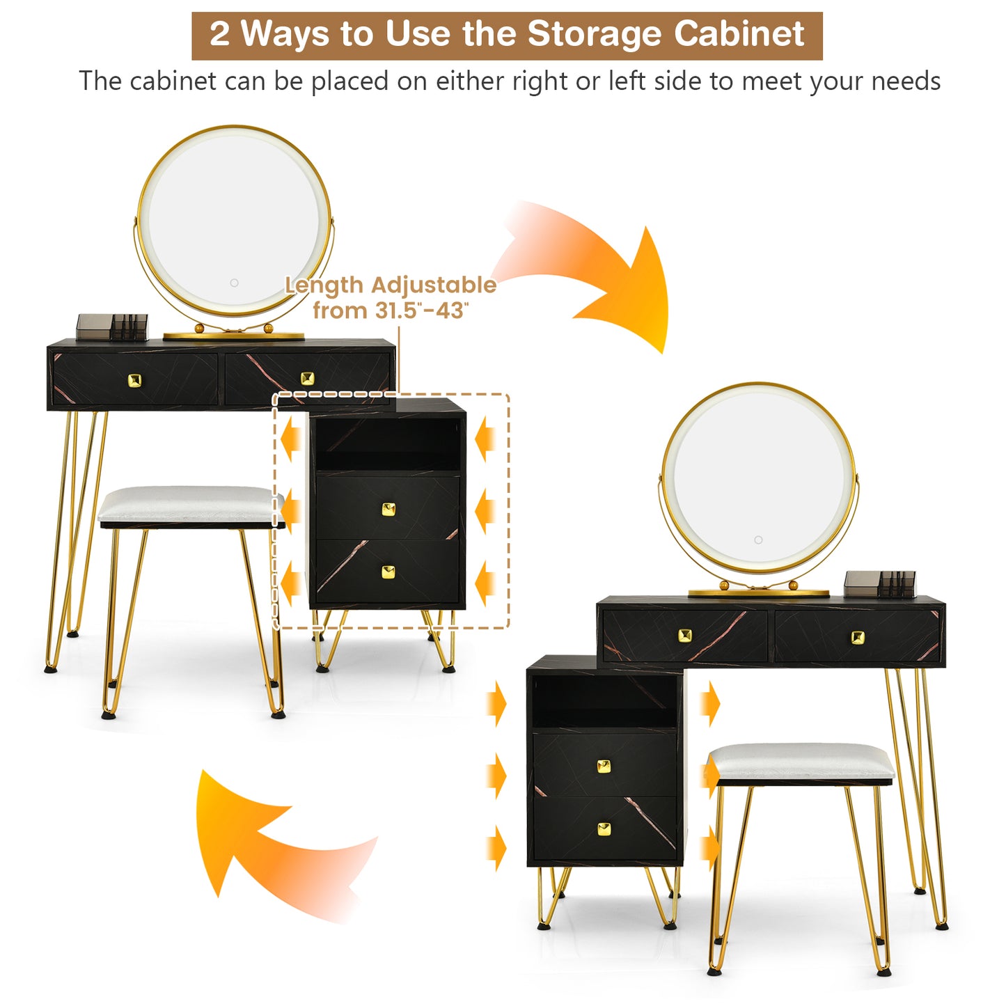 Vanity Table with LED Lighted Mirror and Storage Cabinet