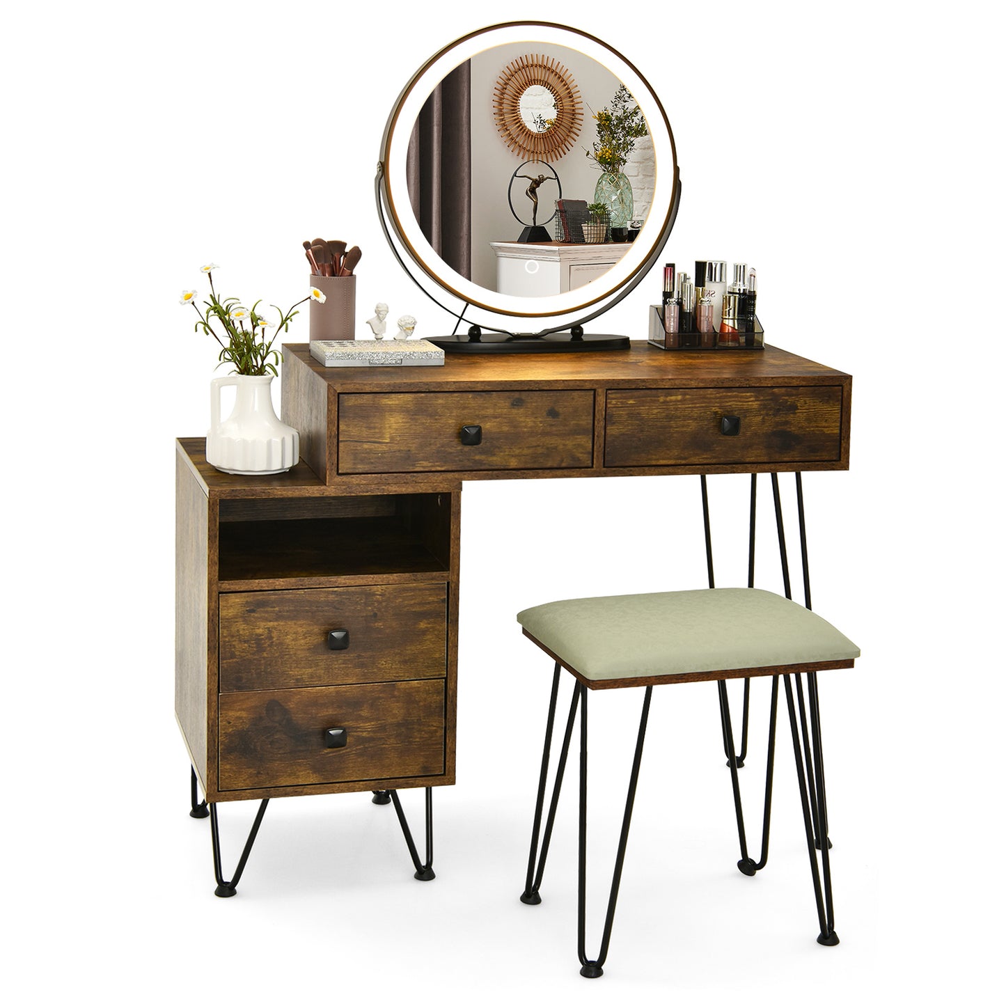 Vanity Table with LED Lighted Mirror and Storage Cabinet