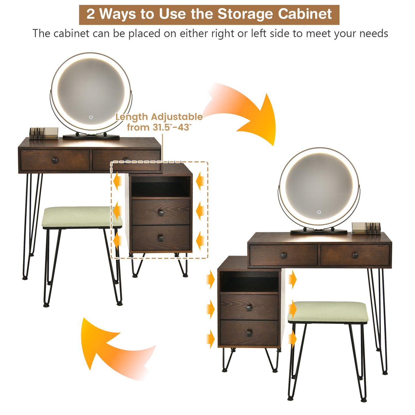 Vanity Table with LED Lighted Mirror and Storage Cabinet