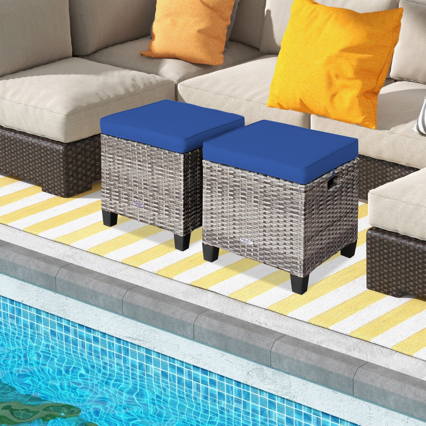 Patio Rattan Ottoman Set with Removable Cushions (2-Piece)