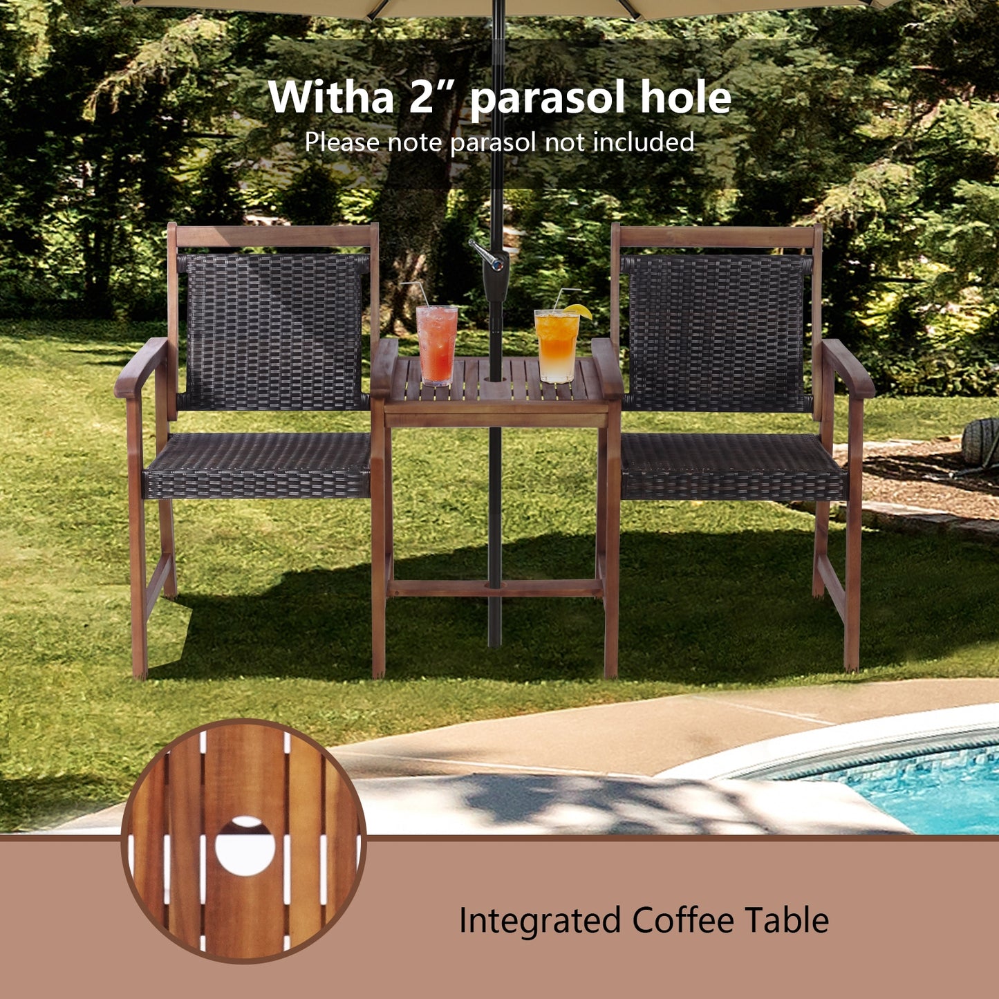 2-Seat Patio Conversation Set with Coffee Table & Umbrella Hole