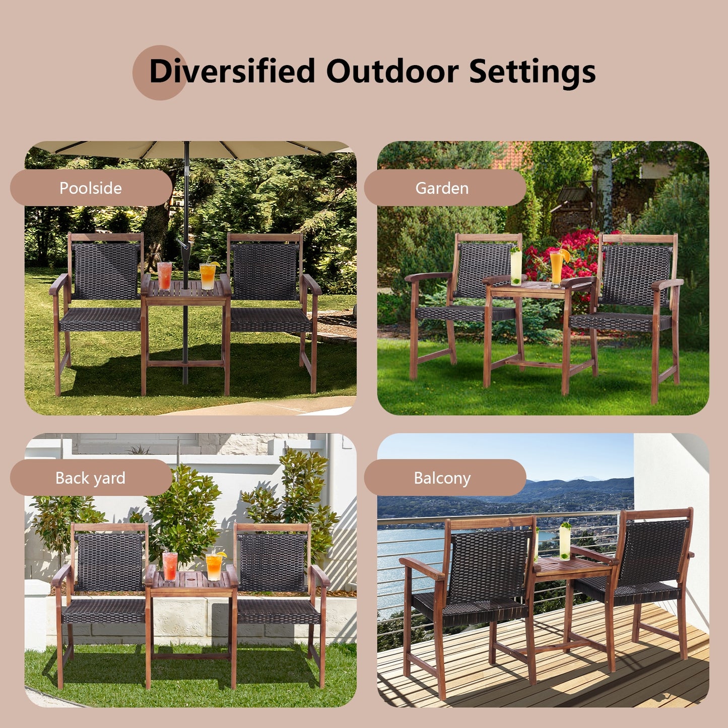 2-Seat Patio Conversation Set with Coffee Table & Umbrella Hole