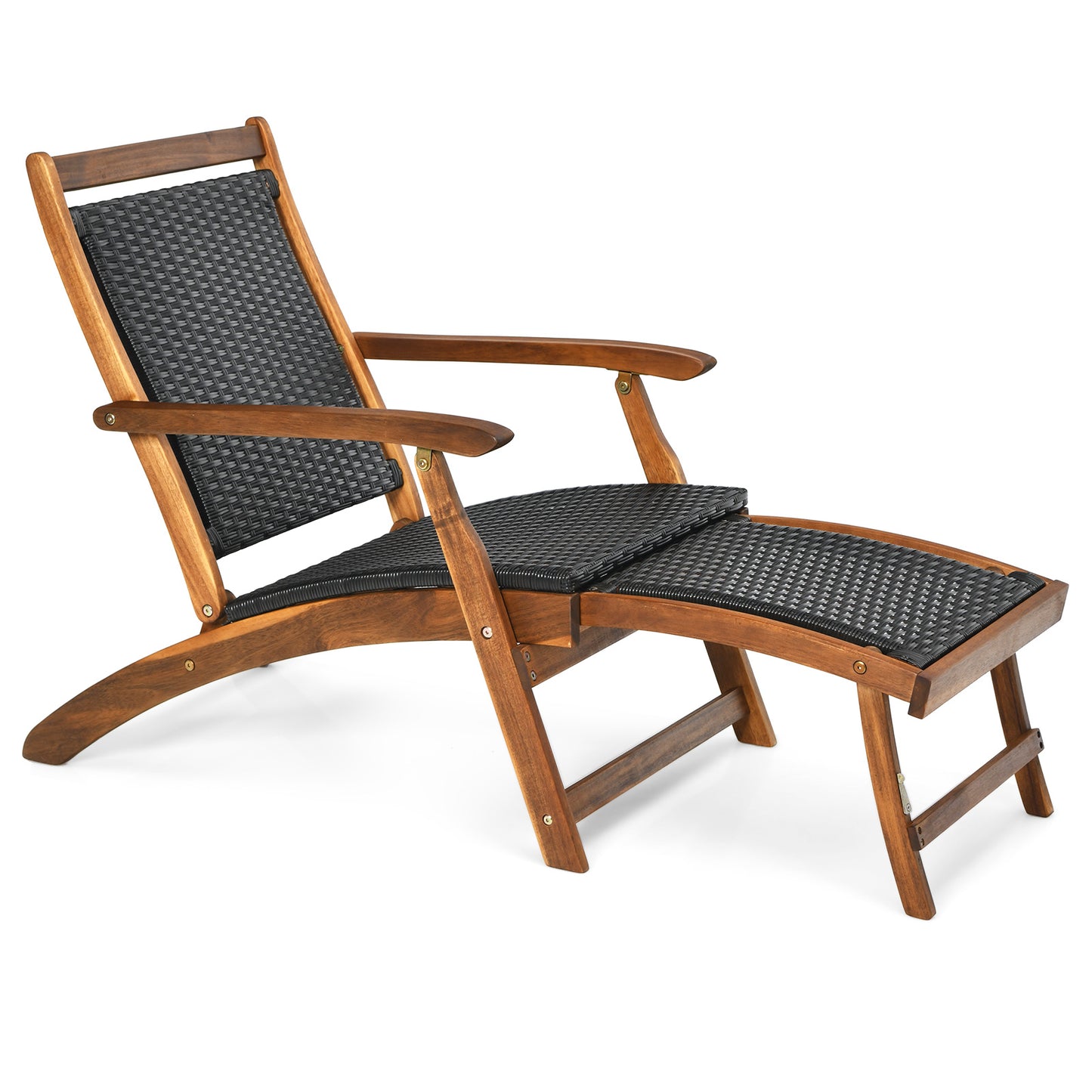 Folding Rattan Lounge Chair with Acacia Wood Frame