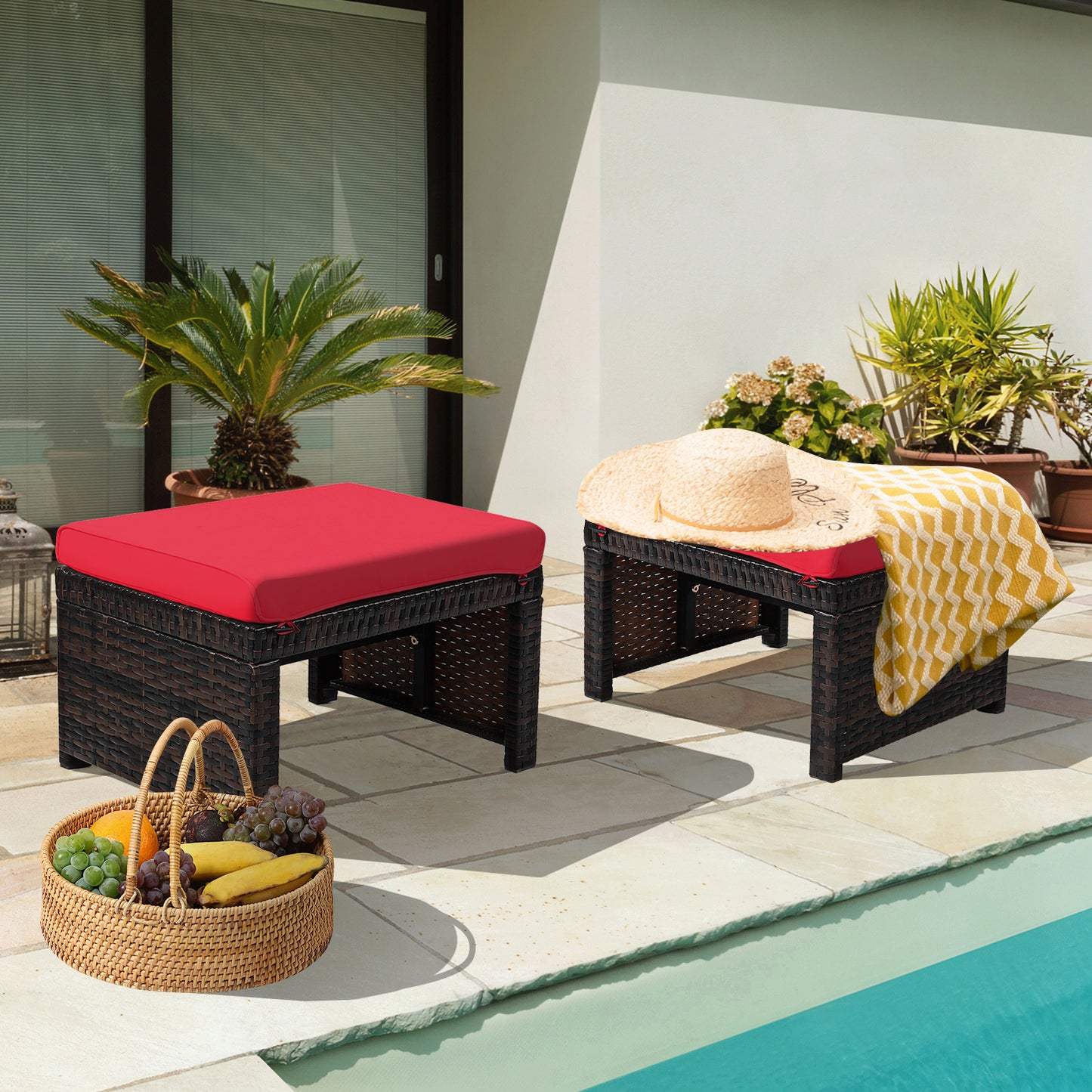 Patio Rattan Ottomans Set of 2 with Soft Cushions