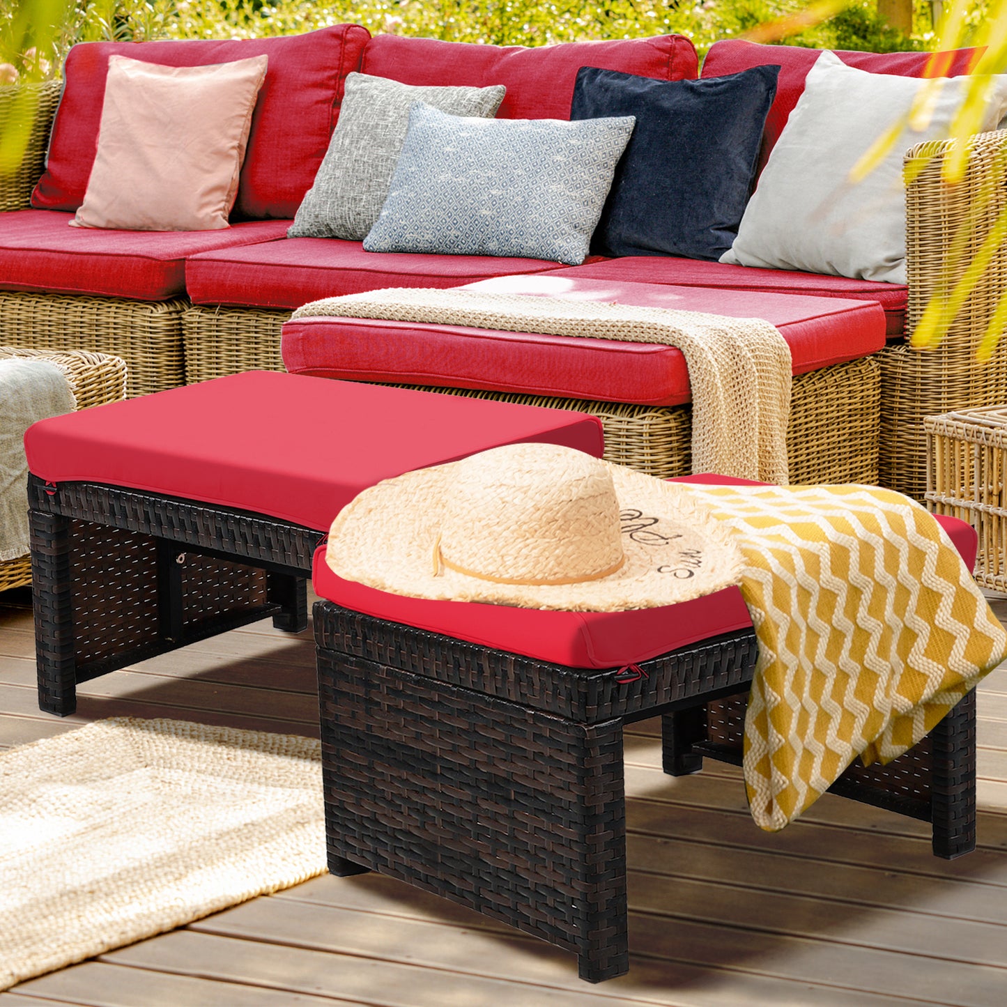 Patio Rattan Ottomans Set of 2 with Soft Cushions