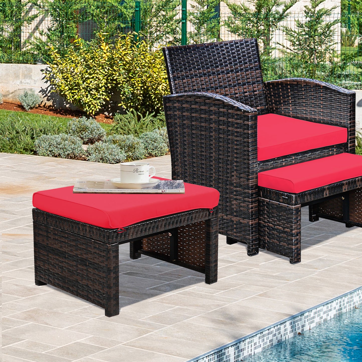 Patio Rattan Ottomans Set of 2 with Soft Cushions