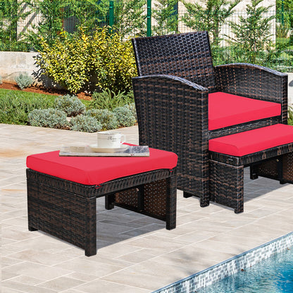 Patio Rattan Ottomans Set of 2 with Soft Cushions